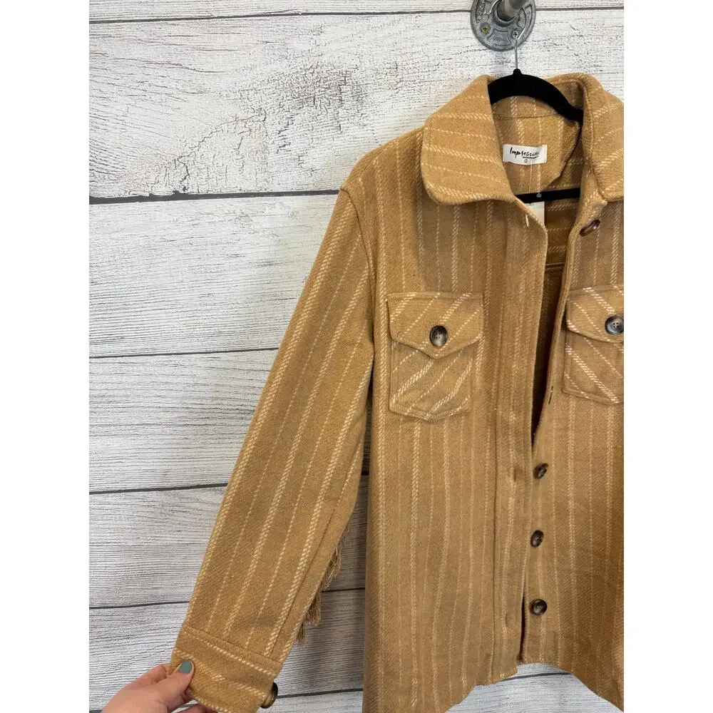 Impressions Women's Tan & Cream Fringe Back Button Up Shacket Size Small